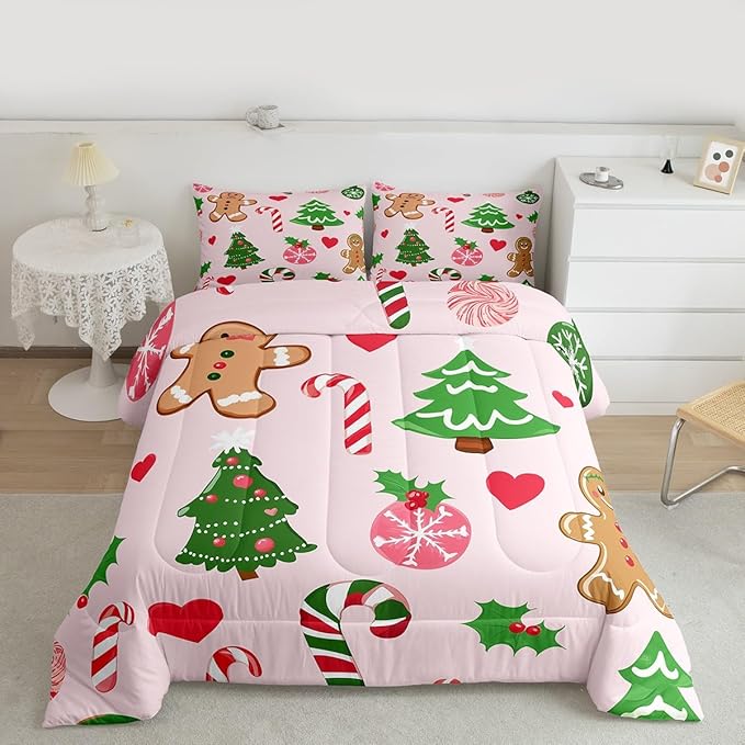 Feelyou Merry Christmas Kids Comforter Set Toddler Size Gingerbread Man Bedding Set Christmas Decor Duvet Quilt for Kids Boys Girls Bedroom New Year Gift Decor Microfiber Ultra Soft Breathable