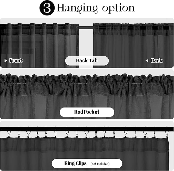 Dreaming Casa Black Sheer Curtains 102 Inches Long, Rod Pocket & Back Tab Light Filtering Textured Sheers for Living Room Bedroom, 2 Panels, Each 52" W x 102" L