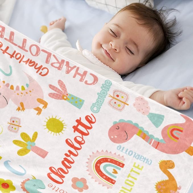 Personalized Dinosaur Blanket with Name for Girl, Custom Name Blanket for Teen, Soft Flannel Pink Dinosaur Toddler Blanket Customized Gift for Birthday 50"x60"