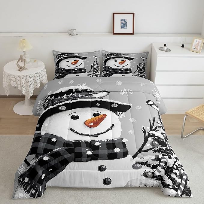 Feelyou Kids Christmas Theme Decorations Bedding Set Xmas Snowman Comforter Set for Boys Girls Snowflake Kawaii Cute Comforter Grey Quilt Set Bedroom Collection Toddler Size