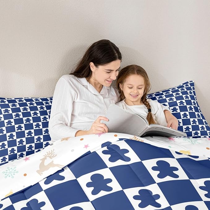 Feelyou Christmas Kids Comforter Set Queen Size Checkered Bedding Set Gingerbread Man Duvet Quilt for Kids Boys Girls Bedroom Xmas Decorations Decor Blue Microfiber Ultra Soft Breathable