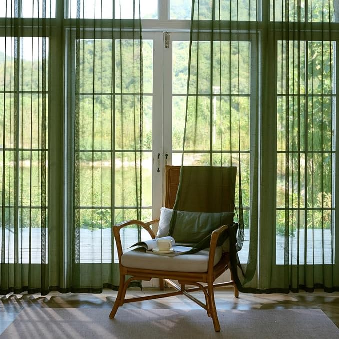 Olive Green Sheer Curtains 84 Inches Long 2 Panels, Dark Textured Linen Look See Through Drapes, Thin Light Filtering Window Treatments, DIY Pinch Pleat Sliding Glass Door Curtain