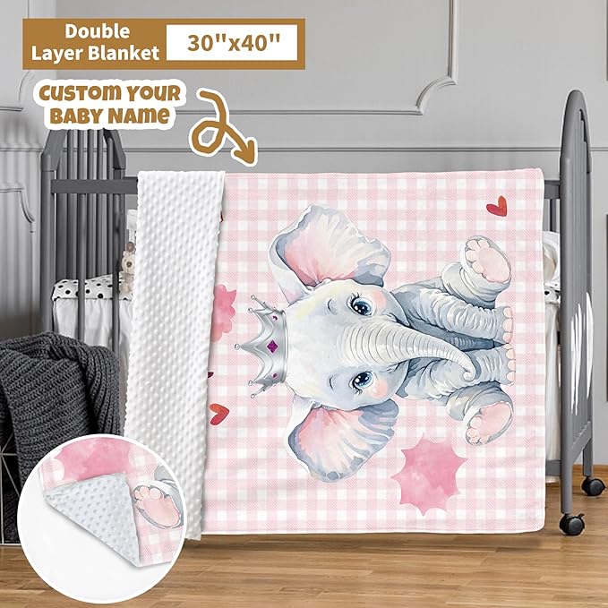 Custom Baby Crib Bedding Set, 3 Pcs Personalized Nursery Bedding Set with Name, Soft Baby Bedding Crib Sets with Blanket - Toddler Crib Set for Girl Boy, Infant Newborn Gift, Pink Cute Elephant
