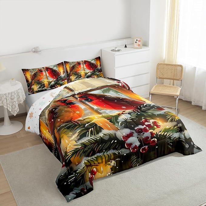 Feelyou Merry Christmas Kids Comforter Set Toddler Size Cardinal Bedding Set Winter Bird Duvet Quilt for Kids Boys Girls Bedroom Red Berries Decor Microfiber Ultra Soft Breathable