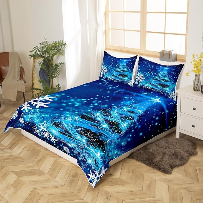 Manfei Blue Xmas Tree Duvet Cover Set Queen Size, White Snowflake Print Comforter Cover with 2 Pillowcases, Christmas Theme Bedding Set 3pcs for Kids Boys Girls Bedroom Decor,No Comforter