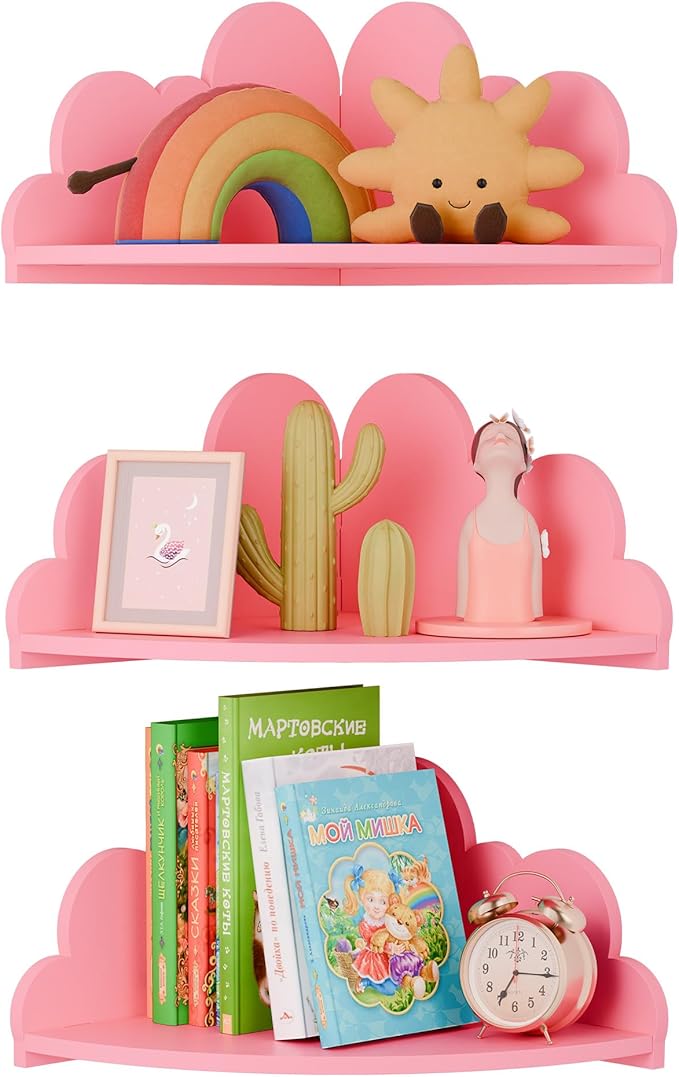 Cloud Floating Corner Shelves - Set of 3 Cloud Corner Wall Shelves for Kid’s Room, Corner Shelf Nursery Wall Deor, Small Cute Cloud Dispaly Shelf Wall Mounted for Toys, Plants & Storage,Pink.