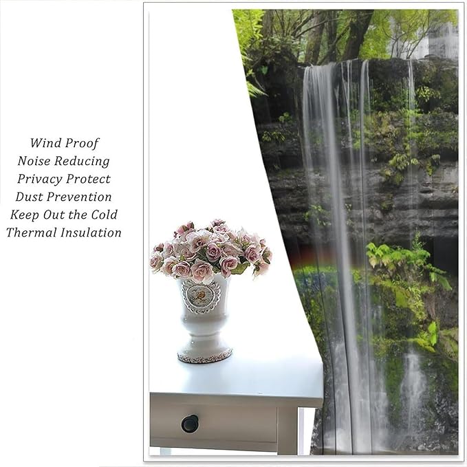 Natural Landscape Waterfall Blackout Curtains, Forest Falls Spring Natural Scenery Green Plant Tree Leaf Rod Pocket Window Drapes, for Bedroom Living Room 42" W X 63" L