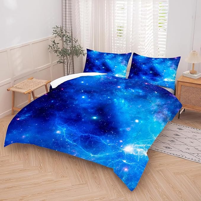 kxry Blue Galaxy Space Comforter Set Queen Size Outer Space Starry Sky Universe Bedding Sets for Girls Teens Kids Soft Microfiber Lightweight Comforter Set with 1 Comforter + 2 Pillow Cases