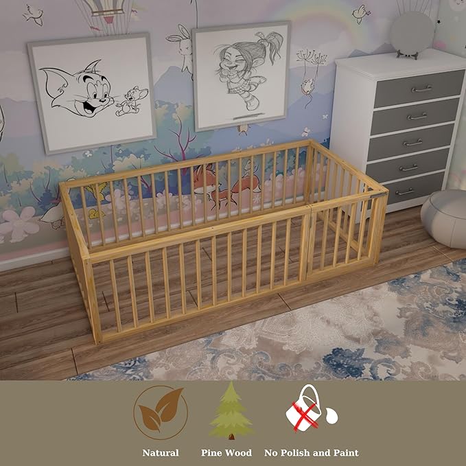 Montessori Floor Bed with Door On The Right Side for Toddler | Pine Wood Natural Solid Frame Beds | Sturdy Modern Design Floor Bed Frame for Boy and Girls (Full, Height: 23.6 Inches)
