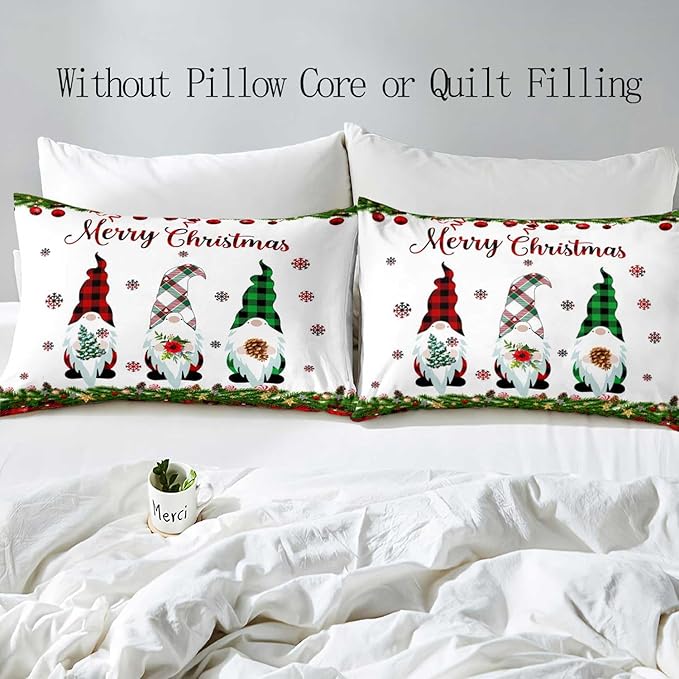 LUVIVIHOME 2PCS Christmas Gnome Duvet Cover Twin, Christmas Bedding, White Duvet Cover, Holiday New Year Santa Claus Snowflake Black Red Checkered Buffalo Plaid Comforter Quilt Cover, 1 Pillow Case