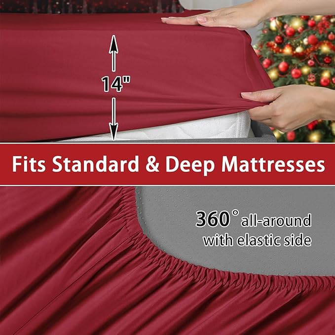 7 Pcs Full Size Christmas Comforter Set with 2 Pillowcases & 2 Shams, Dark Red Winter Snowflake Bedding for Kids and Adults, Merry Xmas Bed in a Bag with Flat Fitted Sheet