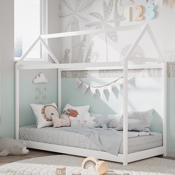 Merax Wood House Bed,Floor Bed with Wood Slats,No Box Spring Needed,Twin Size, White