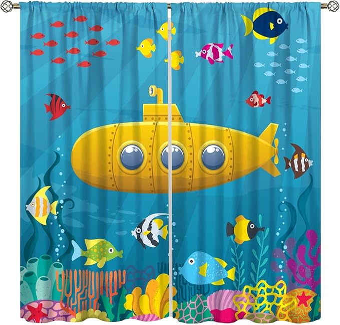 Boy Window Curtains Submarine Window Drapes Yacht Window Treatments Underwater World Oasis Thermal Drapes for Kids Girls Toddler Teens Room Dorm Decor Set 2 Panels,72x63 Inches, Style-1