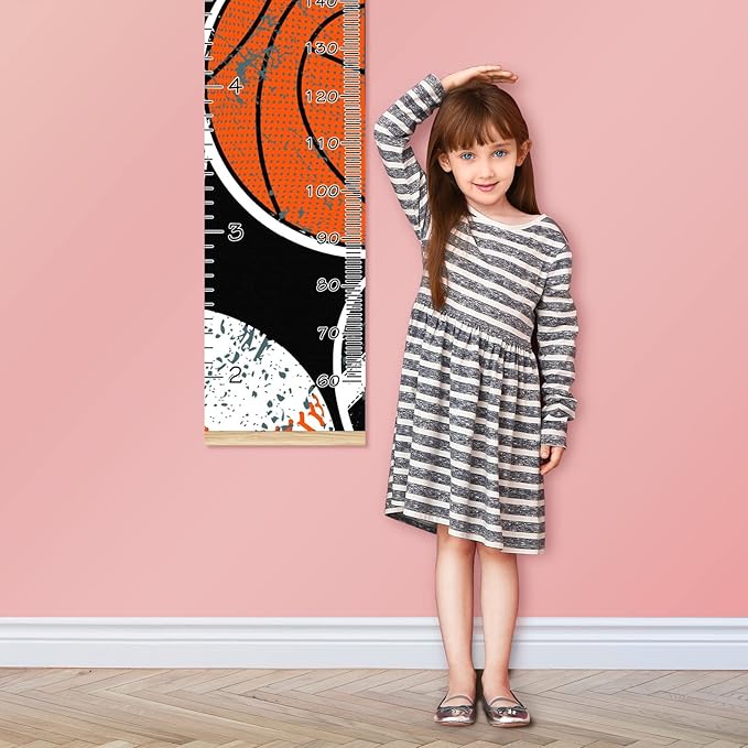 Personalized Kids Name Growth Chart Ruler for Wall Wood Frame Height Measure Chart 13.4x56 in Linen Hanging Height Growth Chart Balls Kids Room Decor