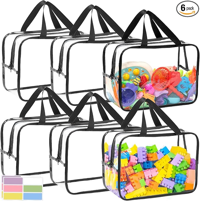 12.6 * 9.25 * 6.9 IN Extra Large Toy Storage Bags, 6 Packs Clear Waterproof Toy Organizer Bags with Labels, Dual Zippers and Portable Handheld Design, Board Game Storage for Building Blocks, Puzzle