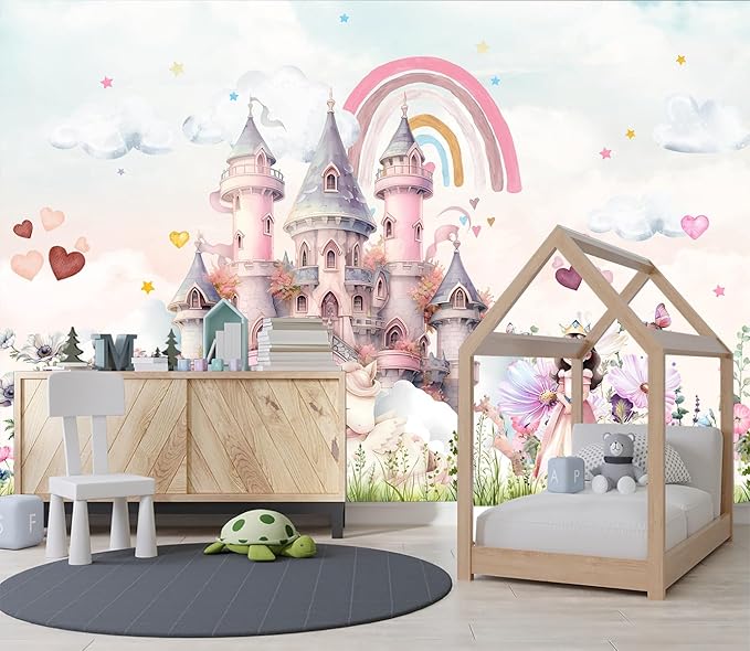 XMPMBM-Pink Cartoon Citadel Nursery Room Fabric Wallpaper Girls Bedroom Wall Mural-W 132" X H 92"（93 Square Foot）