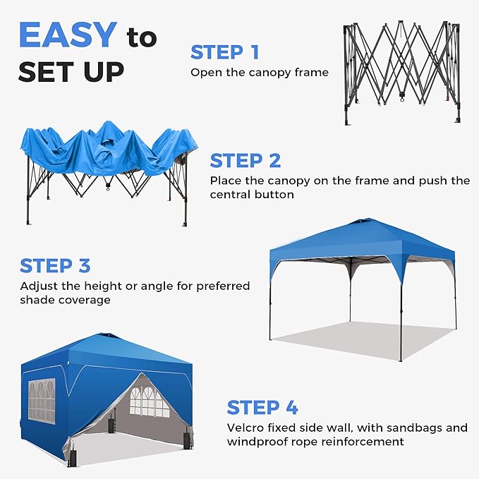 GDY 12x12FT Pop Up Canopy Tent with One Push Setup, Easy to Install with 4-Sidewalls for Events, Parties, Camping, Outdoor Gazebo with 4-Sandbags, Blue.