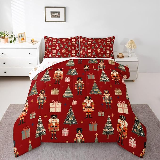 jejeloiu Xmas Nutcracker Comforter Set Full Size Christmas Red Bedding Set for Kids Boys Girls Cute Snowflakes Duvet Quilt Bedroom Decor