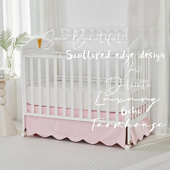 Brandream Scallop Edge Cotton Crib Skirt, Baby Boy, Baby Girl, Gender Neutral Crib Skirt Toddler Bedskirt Farmhouse Chic Nursery Crib Bed Skirt, Boho Bohemian Solid Pink