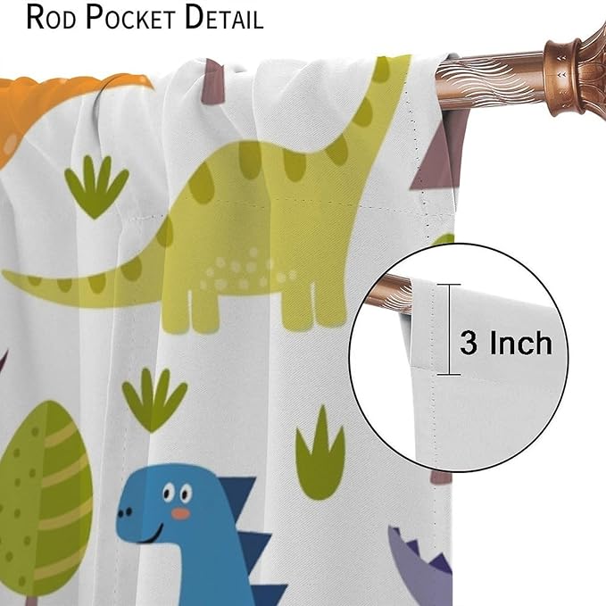 Dino Curtains, Cartoon Style Colorful Dinosaurs Pattern Blackout Window Treatments, Rod Pocket Thermal Insulated Drapes 2 Panel Sets for Kids Bedroom Nursery Classroom, 55" W X 63" L
