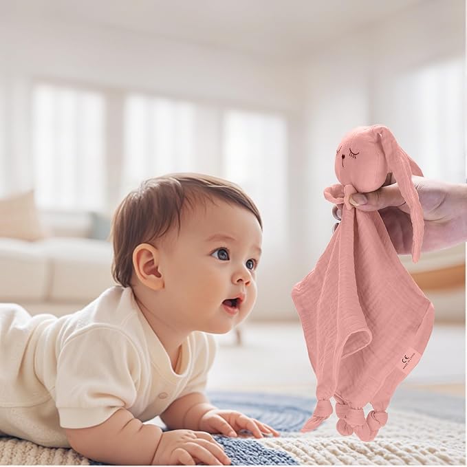 Little Rawr Organic Cotton Muslin Bunny Loveys for Babies Baby Security Blanket Baby Snuggle Toy Newborn Essentials Must Haves(Rabbit-Pink)