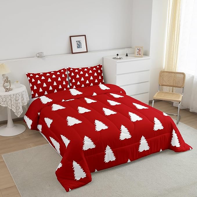 Feelyou Red Christmas Trees Bedding Set for Kids Boys Girls King Size Xmas Comforter Set Ultra Soft Winter Comforter Holiday Decor Duvet Quilt Bedroom Decor Christmas Ornaments Quilt