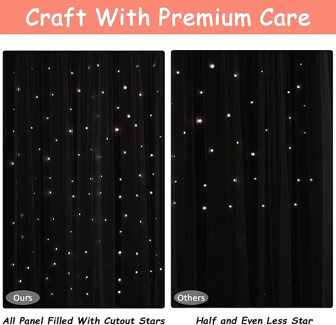 Kinryb Princess Small Curtains for Girls Bedroom with Sheer Overlay,Double Layer Curtain for Living Room with Star Cutout, Curtains for Kids Room (52 W*45 L Inches,2 Pcs Coral)