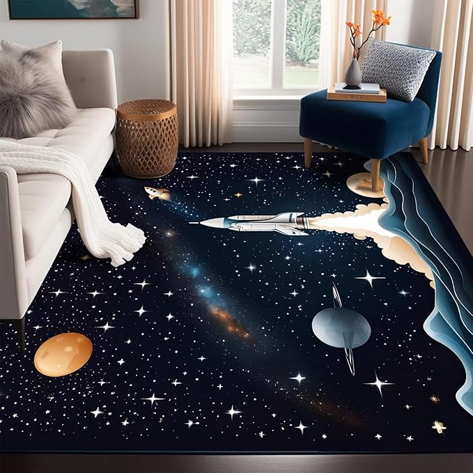 Space Rocket Rug for Boys Room Black Rugs Galaxy Stars Carpet Planet Printed Throw Rugs for Kids Teens Doormat Bedroom Living Room,31 in X 47 in