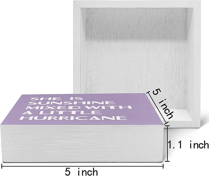 SRADMO She Is Sunshine Mixed with a Little Hurricane Boho Purple Wood Box Sign Desk Decor, Baby Girls Inspirational Wooden Box Decor for Girls Room Nursery Playroom Shelf Table Decorative Accessories
