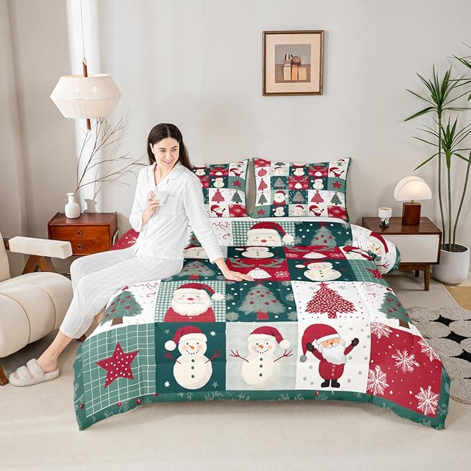 Feelyou Merry Christmas Comforter Set All Season Xmas Tree Snowman Bedding Set with 1 Pillow Cases Santa Claus Microfiber Kids Toddler Bedclothes Patchwork Bedroom Decor Duvet Quilt Breathable Soft