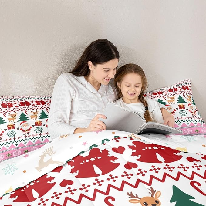 Feelyou Merry Christmas Comforter Set All Season Santa Claus Bedding Set with 2 Pillow Cases Cute Deer Microfiber Kids Full Bedclothes Snowflake Bedroom Decor Duvet Quilt Breathable Soft