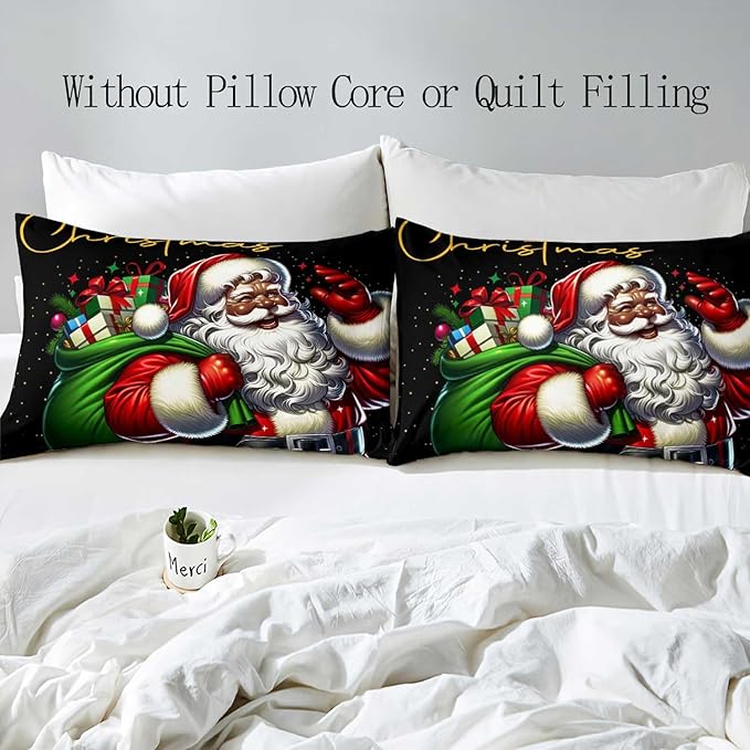 LUVIVIHOME 3PCS Black Santa Claus Duvet Cover Full Bedding Set, Christmas Bedding, Holiday Xmas Gifts Black Comforter Quilt Cover, African American Christmas Decorations, Bed in a Bag, 2 Pillow Shams