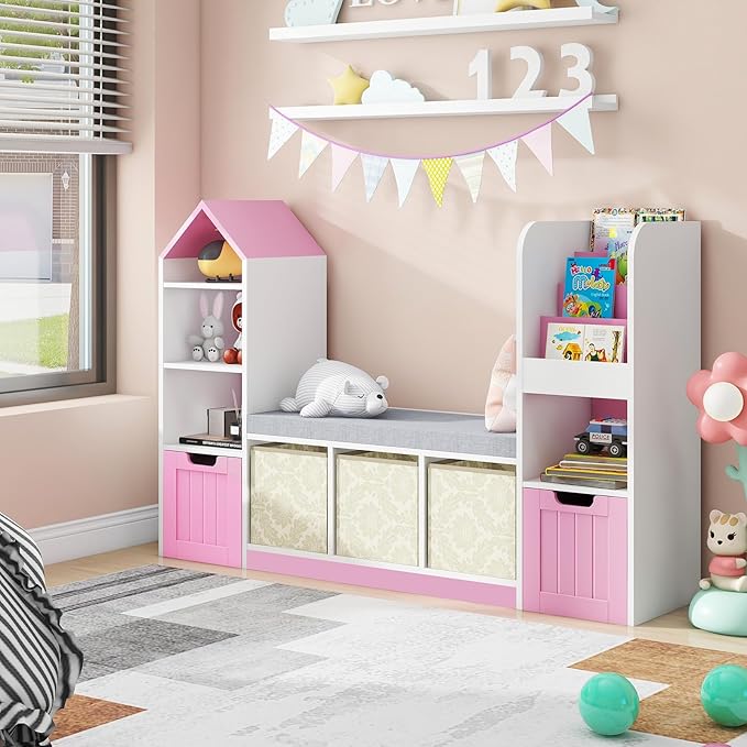 Kids Bookcase with Reading Nook, Bench Kids Bookshelf with 7 Storage Cubbies and 2 Movable Drawers, Multi-Purpose Toy Storage Organizer with Seat Cushion for Playroom, Bedroom, Living Room, Pink
