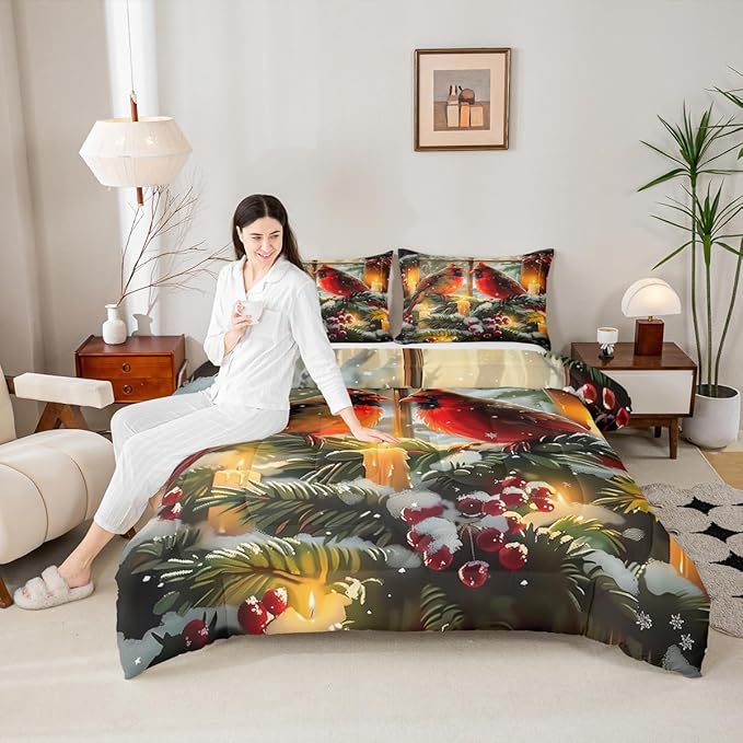 Feelyou Merry Christmas Kids Comforter Set Queen Size Cardinal Bedding Set Winter Bird Duvet Quilt for Kids Boys Girls Bedroom Red Berries Decor Microfiber Ultra Soft Breathable
