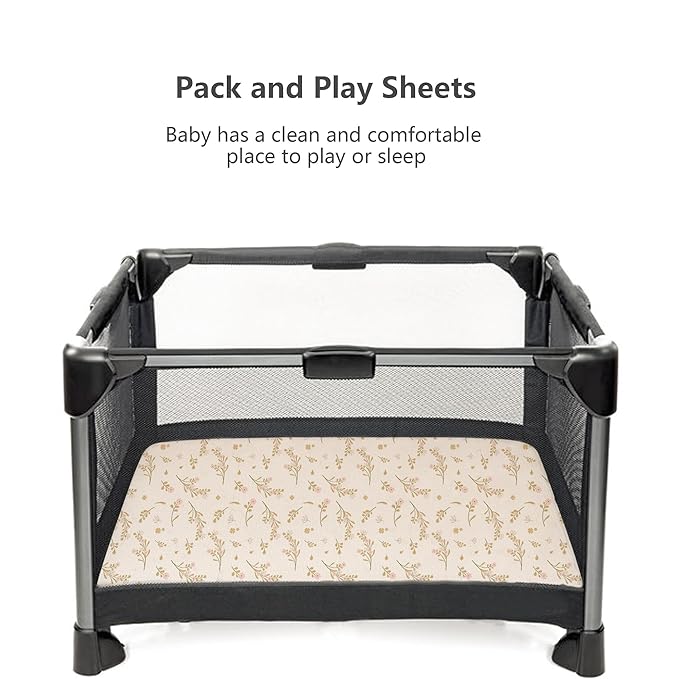Konssy Muslin Mini Crib Sheets, 100% Soft Cotton Pack and Play Sheets for Pack N Play Mattress, Playard Baby Crib Sheets for Baby Girls (Floral, Pink)
