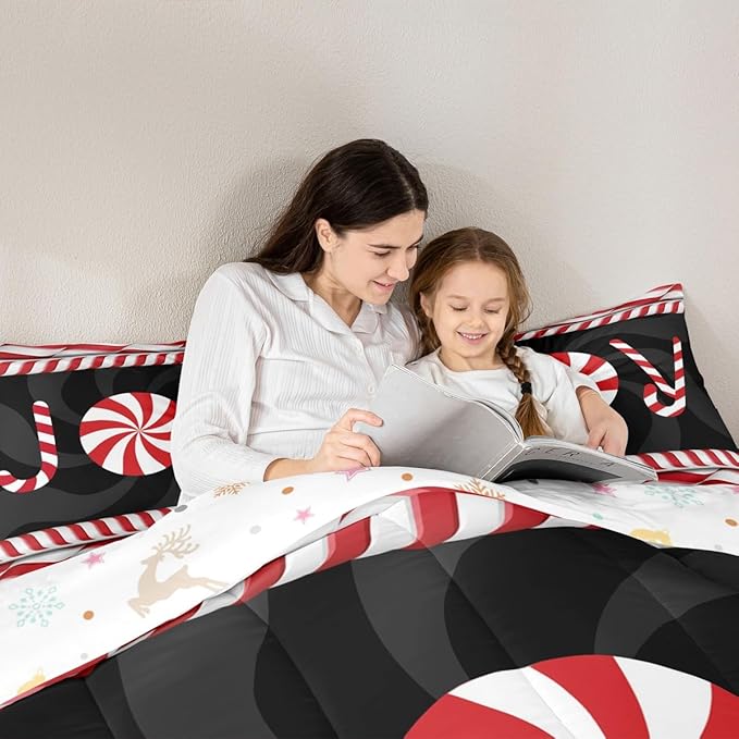 Kids Merry Christmas Comforter Set Queen Size,Holiday Joy Sweet Candies Bedding,Girls Boys Adults Bedroom/Xmas Cabin Decor,Wave Geometric Retro Down Comforter,Red Black Duvet Insert,2 Pillowcases