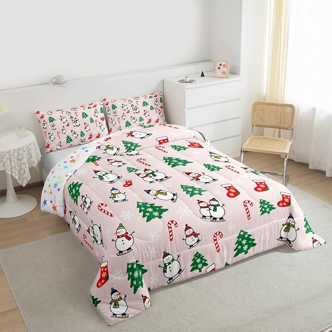 Feelyou Pink Christmas Comforter Set Toddler Size Snowman Bedding Set for Kids Boys Girls Snowflake Duvet Quilt Xmas Tree Bedroom Decor Microfiber 2 Pcs with 1 Pillow Cases