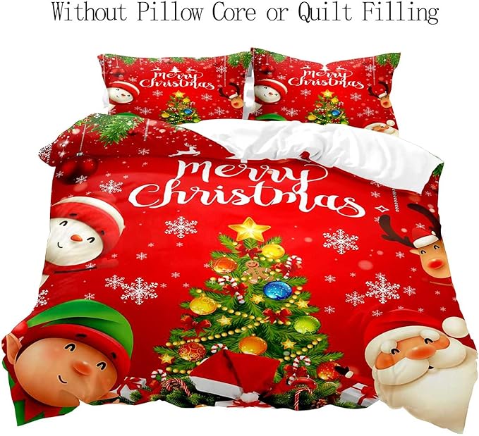 LUVIVIHOME 3PCS Christmas Duvet Cover Full Bedding Set, Kids Bedding, Santa Claus Snowman Reindeer Elf Snowflake Christmas Tree Holiday New Year Xmas Red Christmas Comforter Quilt Cover 2 Pillow Shams