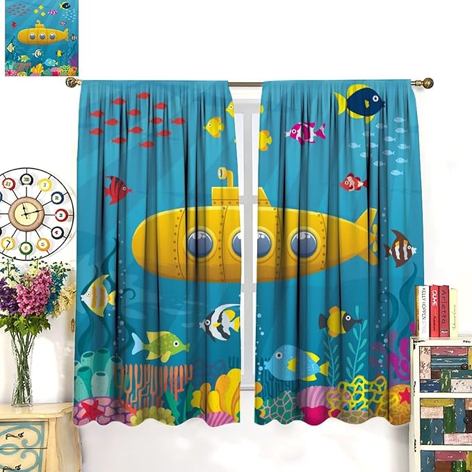 Boy Window Curtains Submarine Window Drapes Yacht Window Treatments Underwater World Oasis Thermal Drapes for Kids Girls Toddler Teens Room Dorm Decor Set 2 Panels,72x63 Inches, Style-1