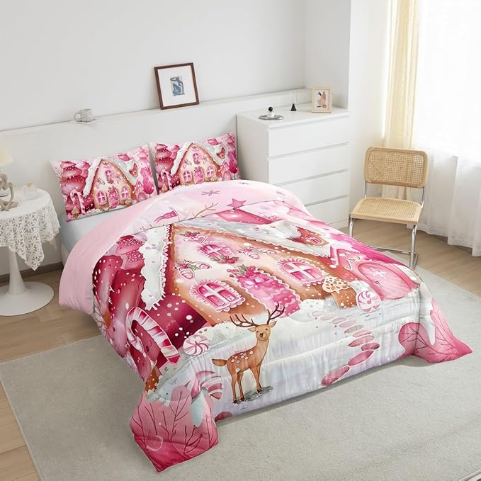 jejeloiu Kids Christmas Theme Comforter Set Toddler Pink Xmas Candy Cane House Bedding Set for Boys Girls Teens Cute Cartoon Deer Winter Animal Happy New Year Duvet Quilt Room Decor