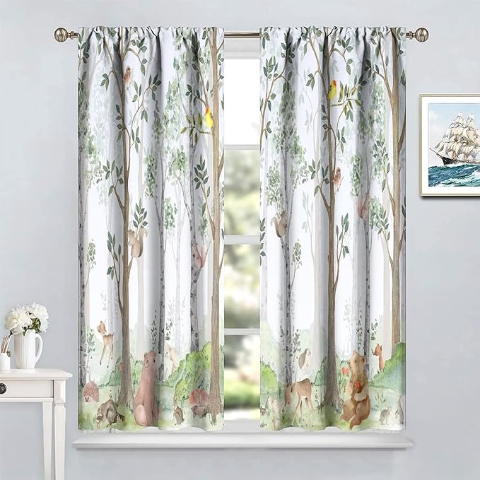 Kids Watercolor Woodland Animal Window Curtains, Bear Deer Squirrel Hedgehog Fox Birds Green Forest Blackout Rod Pocket Treatment for Boys Girls Bedroom 42x45in