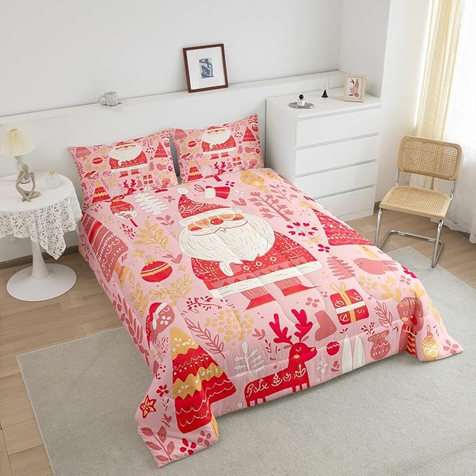 Feelyou Cute Santa Claus Bedding Set for Kids Boys Girls Queen Size Xmas Deer Elk Decor Comforter Set Ultra Soft Comforter Xmas Tree Duvet Quilt Bedroom Decor Christmas Decor Quilt