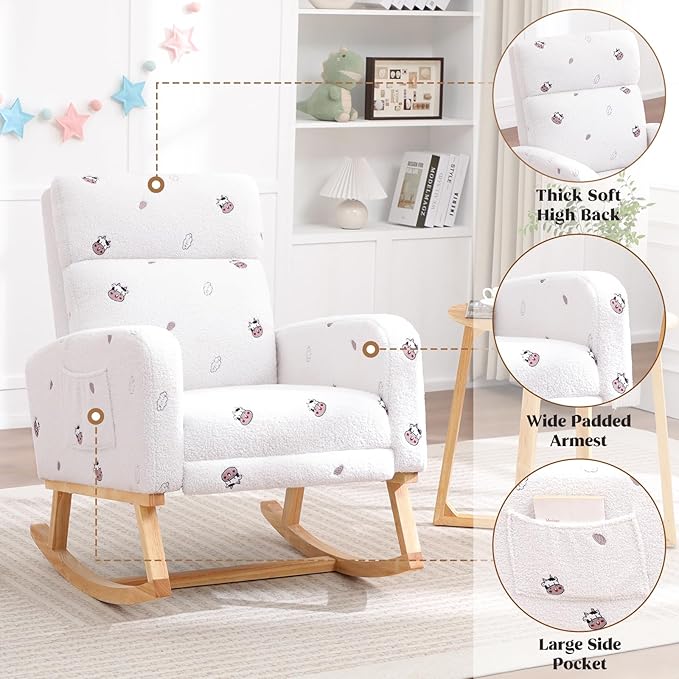 Rocking Chair Nursery with Foot Rest, Nursing Rocking Chairs for Mom Breastfeeding, Teddy Rocker Glider Chair with High Backrest for Living Room, Bedroom, Cow Printed White