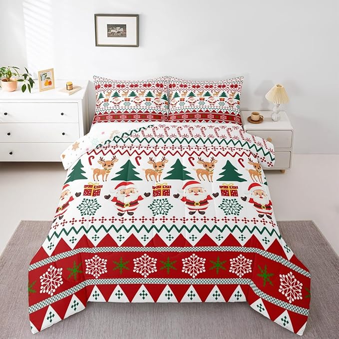Feelyou Merry Christmas Comforter Set Twin Size Santa Claus Bedding Set for Kids Boys Girls Cute Deer Duvet Quilt Snowflake Bedroom Decor Microfiber 2 Pcs with 1 Pillow Cases