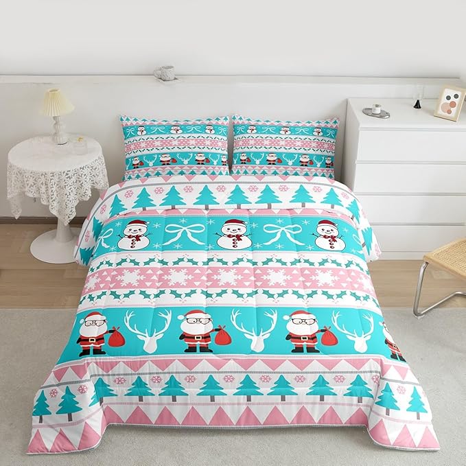 Feelyou Merry Christmas Tree Bedding Set Soft for Boys Girls, Cute Snowman Comforter Set Toddler Size Santa Claus Duvet Quilt Microfiber Cartoon Bowknot Bedroom Decor 2 Pcs with 1 Pillow Cases