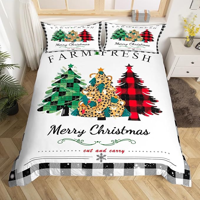 Manfei Christmas Tree Duvet Cover Set King Size, New Year Theme Comforter Cover with 2 Pillowcases, Leopard Plaid Print Xmas Bedding Set 3pcs for Kids Boys Girls Bedroom Decor,No Comforter