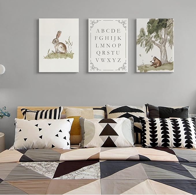 LSXARTQQ Set of 3 Woodland Nursery Wall Art Neutral Forest Animal Alphabet Canvas Wall Decor Vintage Nursery Wild Animals Paintings Pictures Kids Boys Girl Room Bear Bunny Artwork Prints(16x24inch)