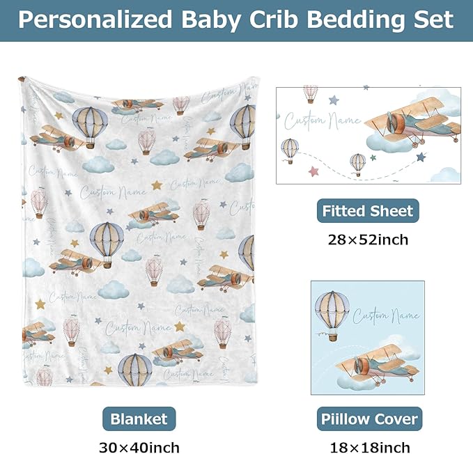 Personalized Baby Crib Bedding Set,3 Piece Custom Name Nursery Set with Blanket, Fitted Sheet & Pillowcase for Baby Girls & Boys, Sky Adventuren Theme(Fixed Size)