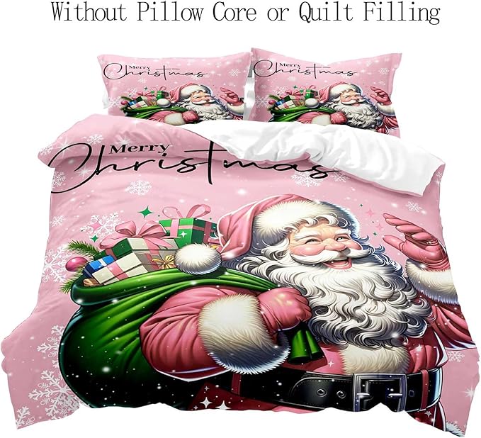 LUVIVIHOME 2PCS Pink Santa Claus Duvet Cover Twin, Christmas Bedding Sets, Pink Duvet Cover, Kids Girls Bedding, Snowflake Holiday Xmas Gifts Christmas Comforter Bedspread Quilt Cover, 1 Pillow Sham