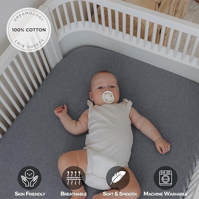 Dreamology Mini Crib Fitted Sheets, 100% Cotton Crib Sheets for Boys, Girls,Mini Crib Mattress Sheet,Baby Crib Sheets, Pack and Play Sheets,38x24 Mini Crib Sheet Fitted | Grey and Silver Grey